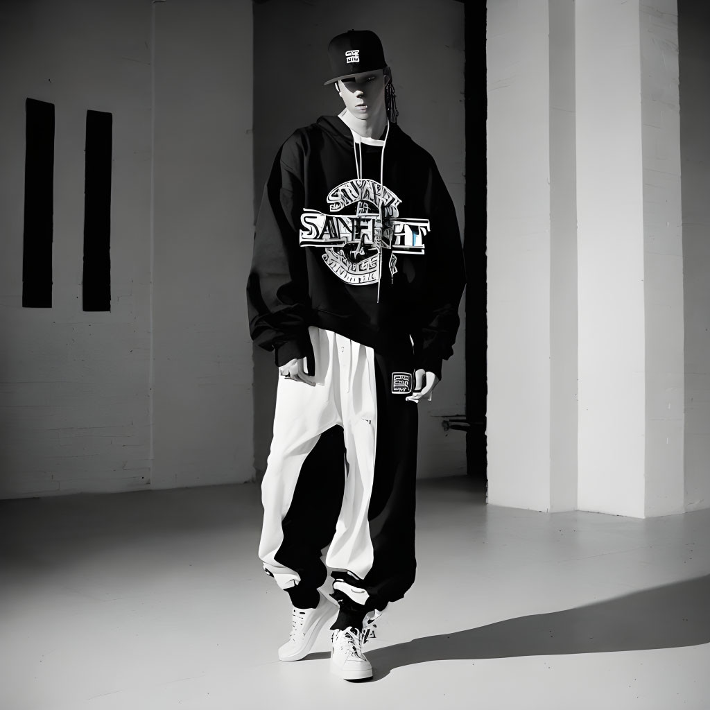 Monochrome photo of person in graphic hoodie, cap, white pants, sneakers in room with light and
