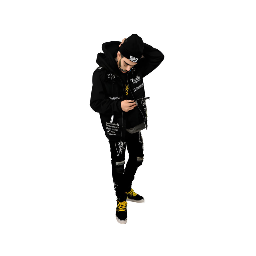 Trendy streetwear outfit with black hoodie, cap, graphic pants, and yellow sneakers