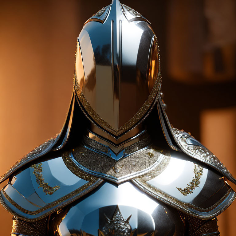 Detailed medieval knight's armor with polished helmet and gold embellishments.