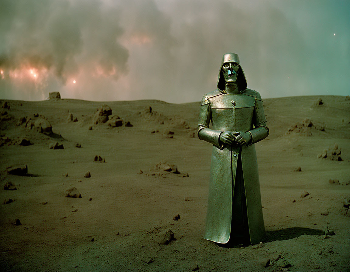 Metallic suit figure in barren landscape with fiery explosion under starry sky