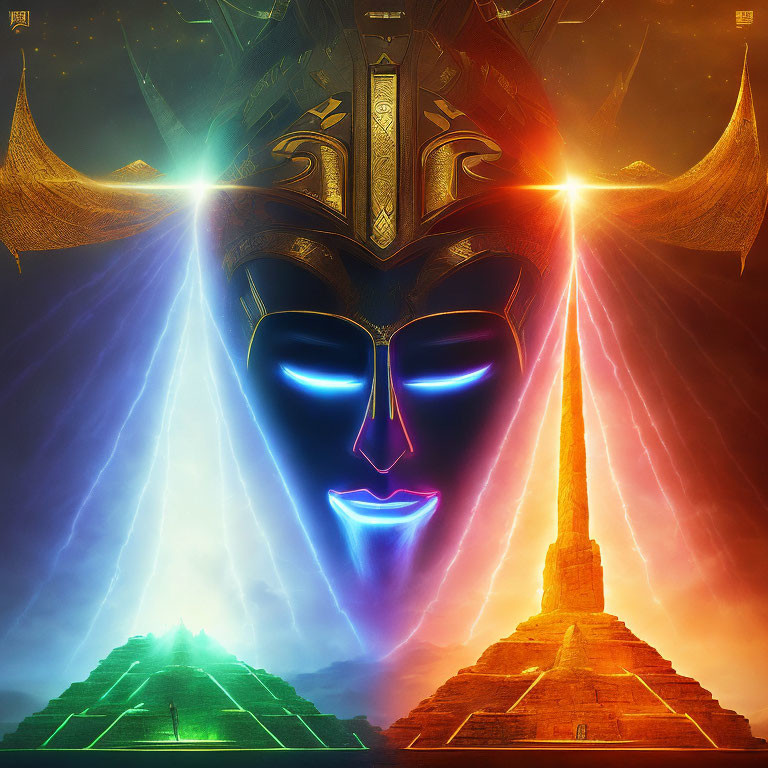 Colorful Radiant Face with Wings and Crown Above Pyramid Emitting Light
