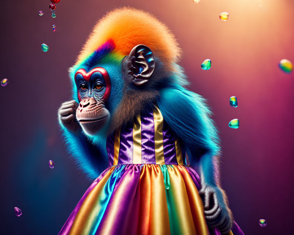 Colorful Mandrill in Rainbow Dress with Bubbles on Gradient Background