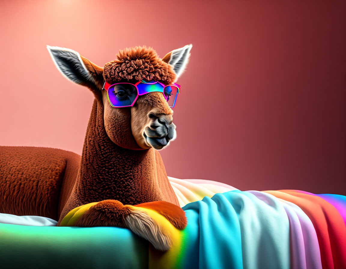 Colorful Sunglasses Alpaca on Rainbow Background