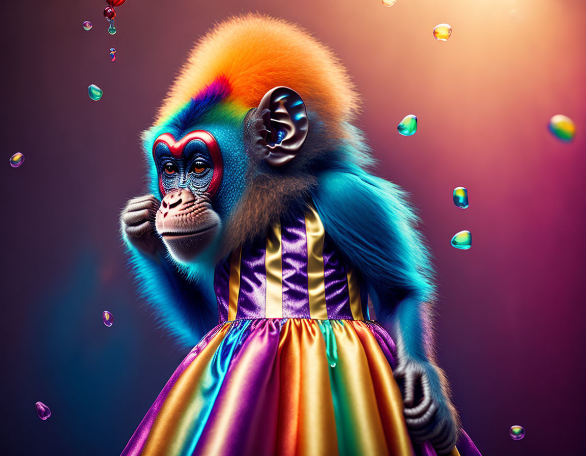 Colorful Mandrill in Rainbow Dress with Bubbles on Gradient Background