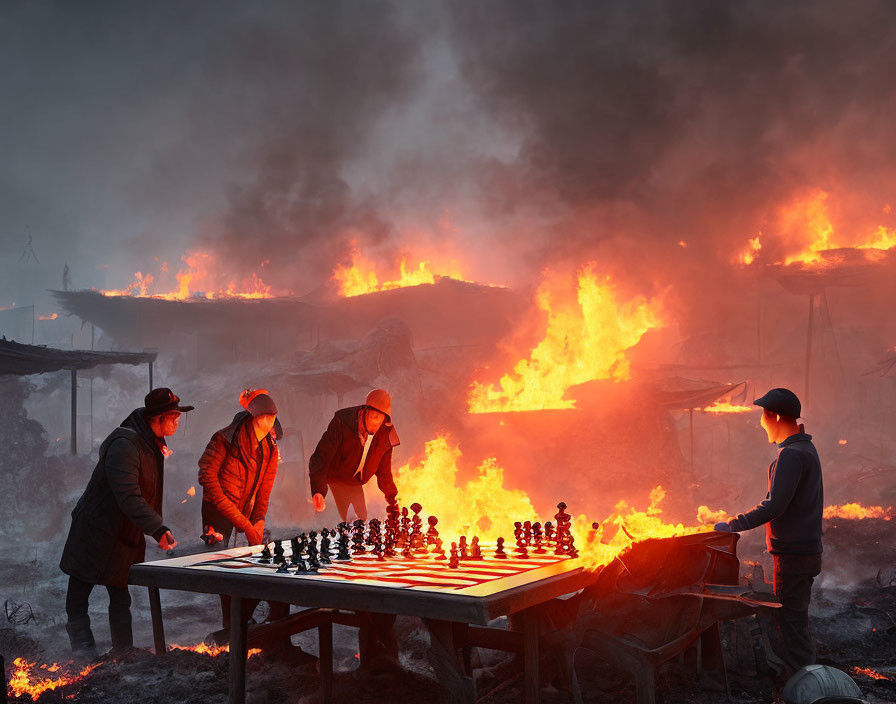Intense fires backdrop outdoor chess game