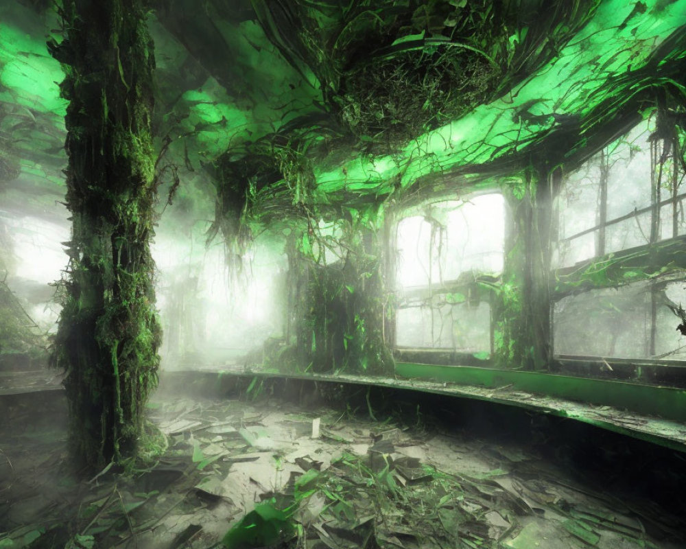 Ethereal green-hued forest inside abandoned building with overgrown trees.
