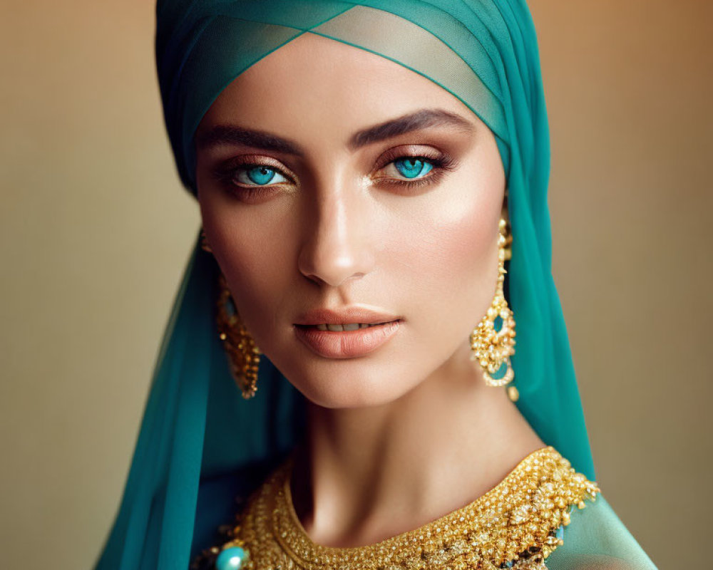 Woman with Blue Eyes in Turquoise Hijab and Gold Jewelry Against Warm Background