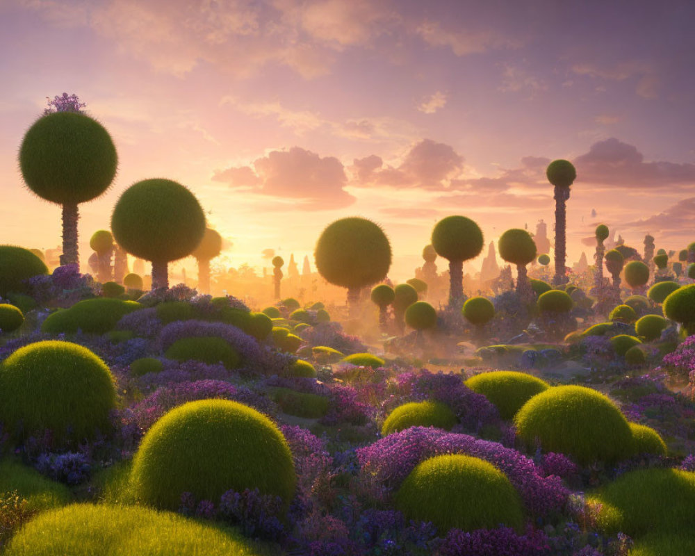 Spherical topiary trees and purple flowers in dreamy sunrise landscape