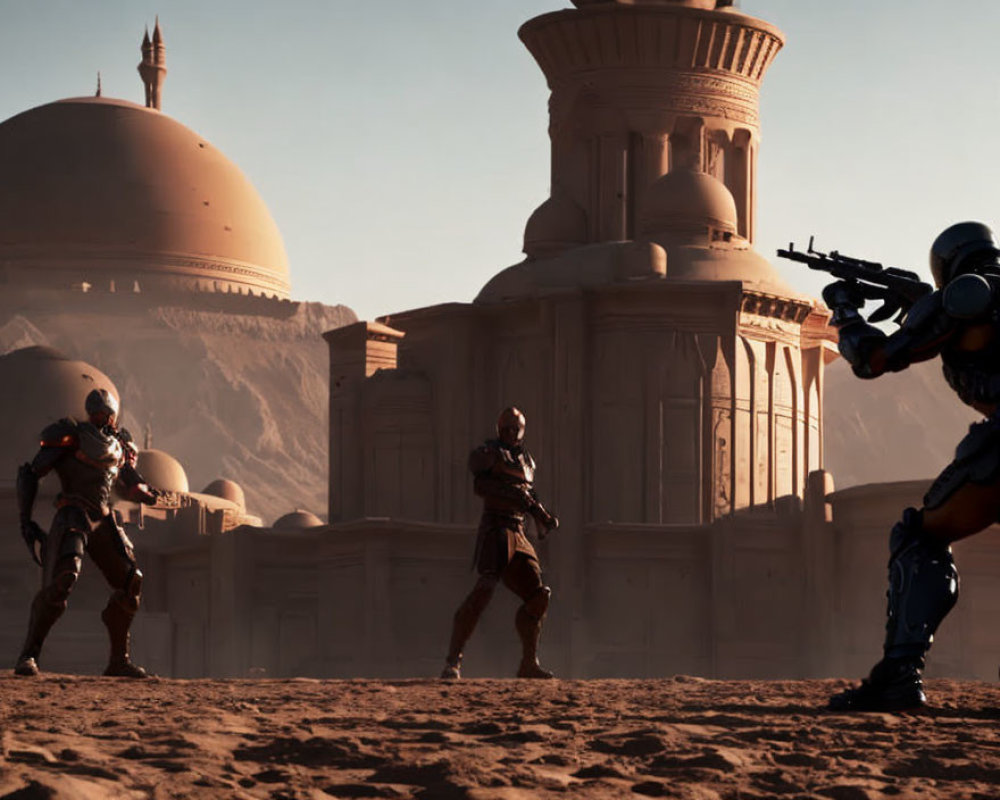 Armored figures with futuristic weapons in desert landscape with domed building.