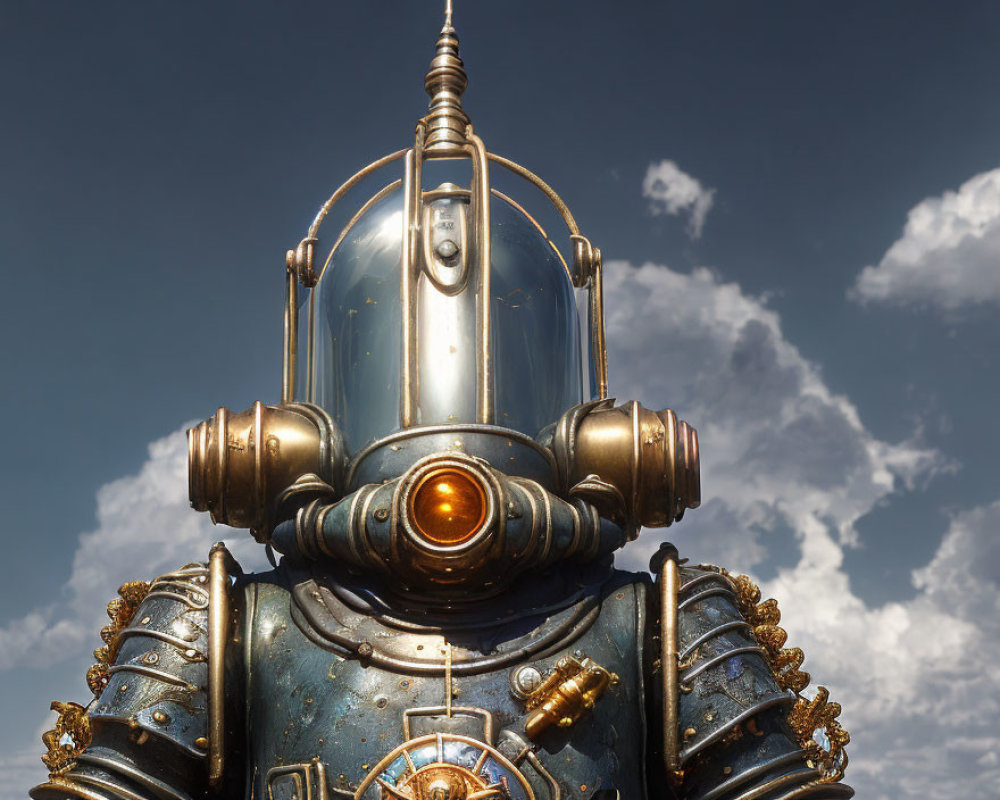 Steampunk-style robot with brass fittings and glass dome head against cloudy sky