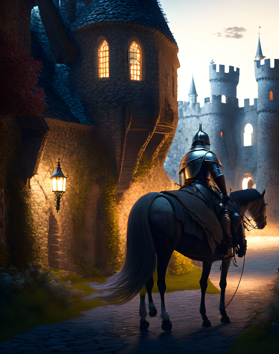 Knight in Full Armor on Horseback Outside Castle at Twilight