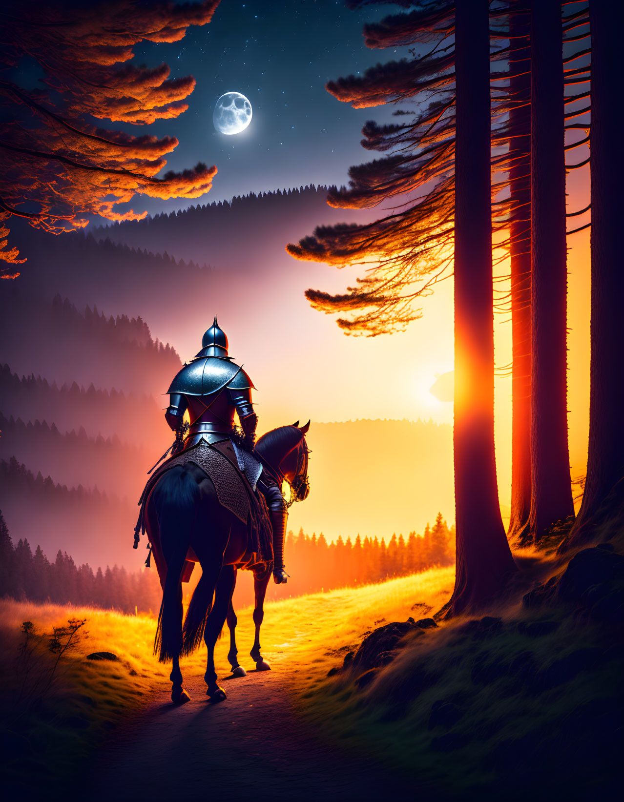 Knight on Horseback Silhouetted Against Vibrant Dusk Sky