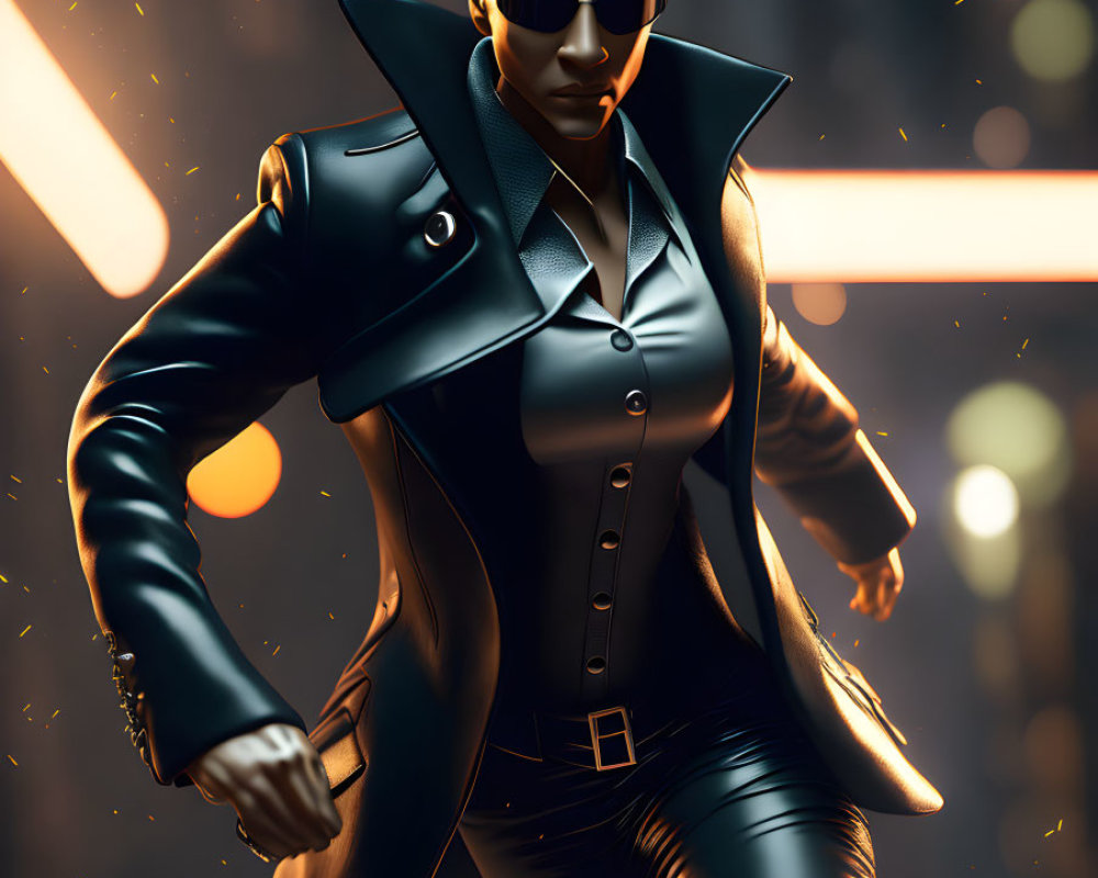 Stylish female character in leather coat and sunglasses running in futuristic 3D illustration