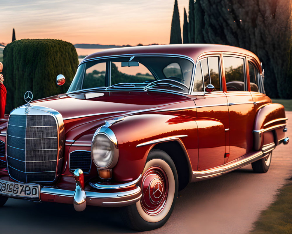 Classic Red Car Parked on Road at Sunset with Chrome Details