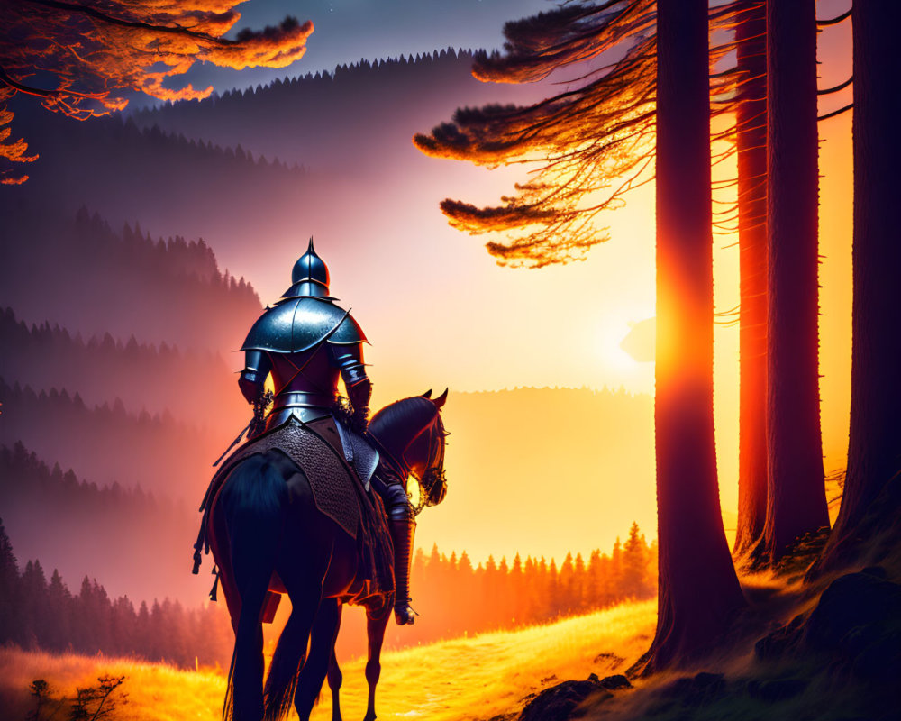 Knight on Horseback Silhouetted Against Vibrant Dusk Sky