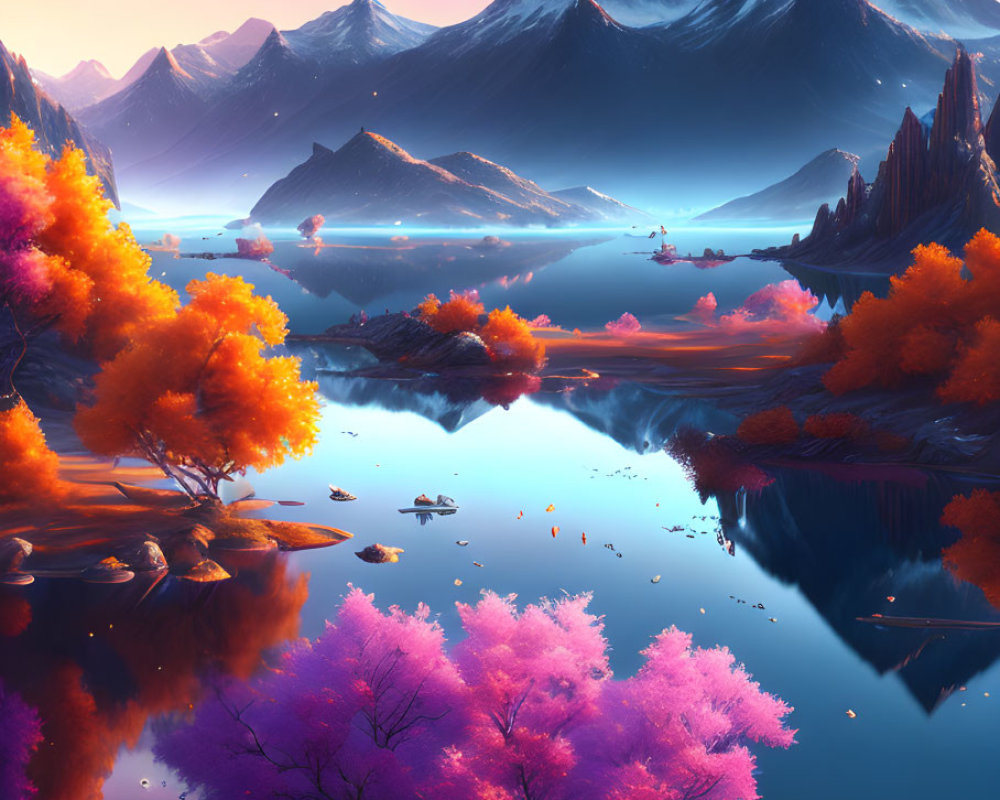 Vibrant orange and pink trees by a still lake with mountain backdrop and two moons