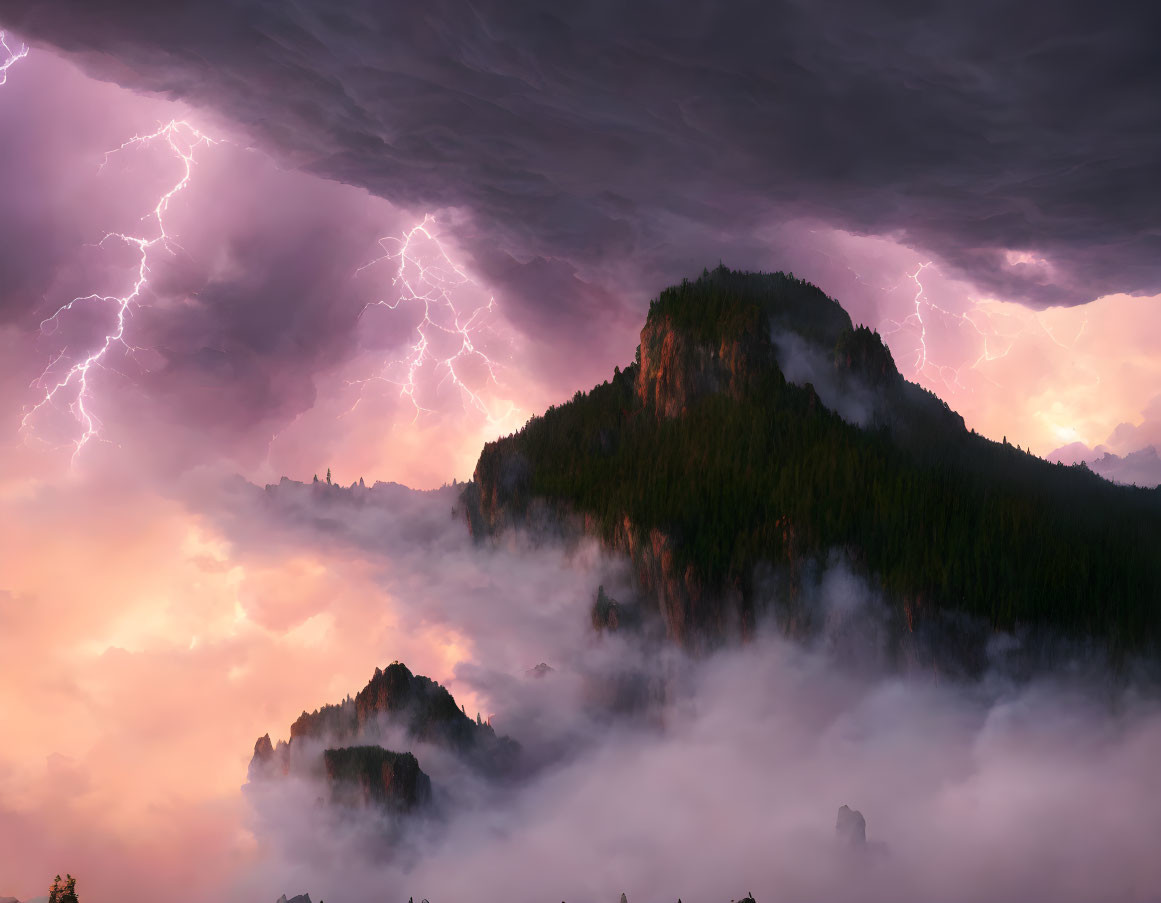 Thunderstorm over Misty Mountains: Lightning and Purple Sky