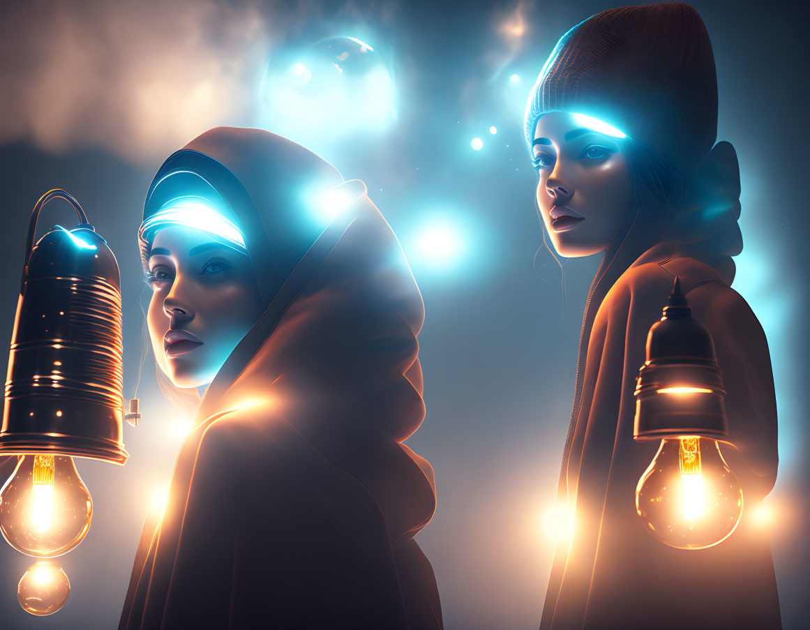 Stylized female figures with glowing lanterns in mystical blue haze