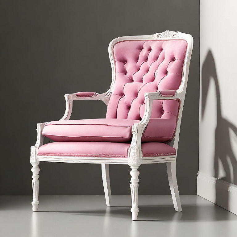 Pink Upholstered Armchair with White Frame Against Gray Wall