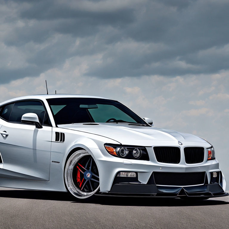 Custom White BMW with Red Detailed Rims and Cloudy Sky