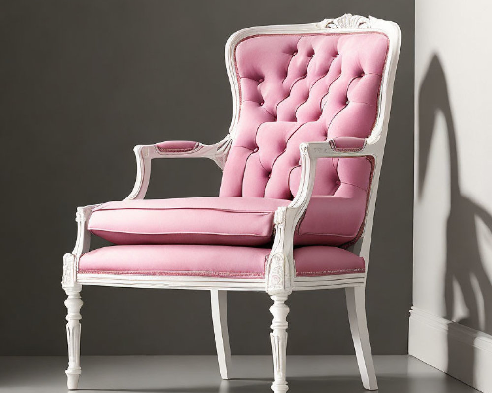 Pink Upholstered Armchair with White Frame Against Gray Wall