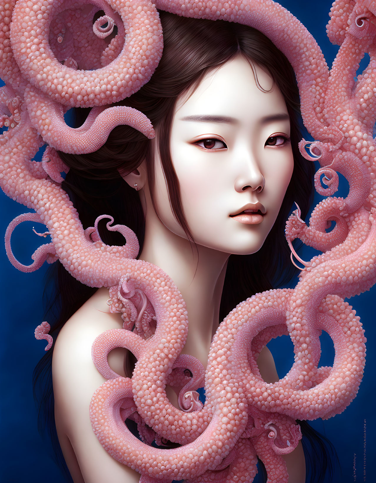 Portrait of woman with pale skin, dark hair, pink makeup, surrounded by pink octopus tentacles