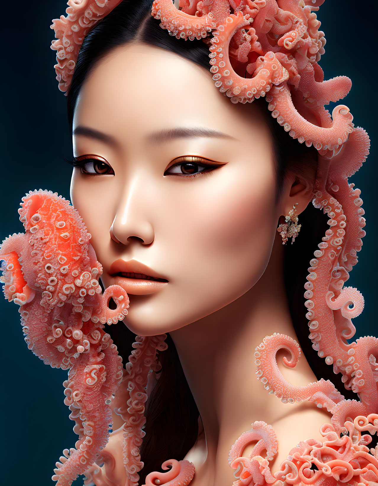 Detailed digital portrait of woman with intricate headdress and pink coral accessories on blue background