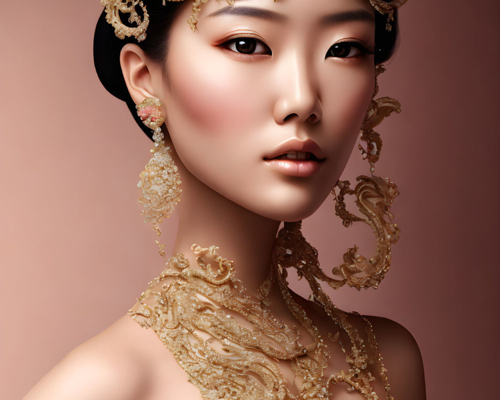 Elaborate gold headpiece and jewelry on woman against warm backdrop