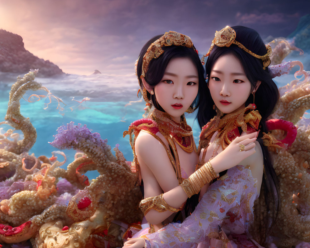 Two women in traditional attire with gold accessories near sea, amidst octopus tentacles under dramatic sky