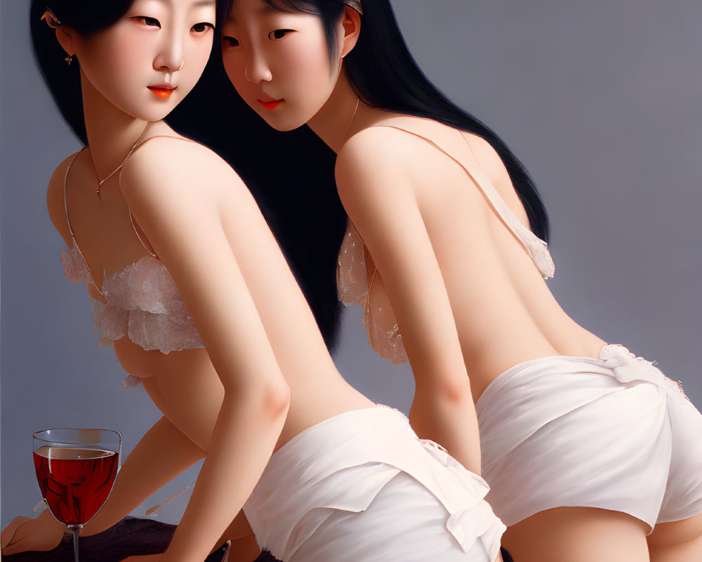 Two Women in Black Hair White Lingerie Back-to-Back with Wine Glass