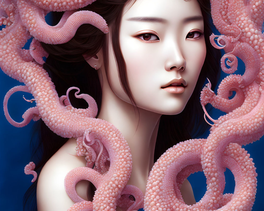 Portrait of woman with pale skin, dark hair, pink makeup, surrounded by pink octopus tentacles