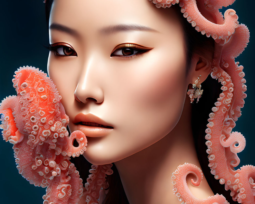Detailed digital portrait of woman with intricate headdress and pink coral accessories on blue background