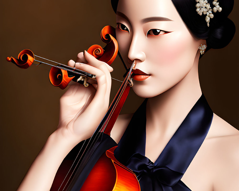 Elegant woman playing violin in black dress with pearl hair accessory