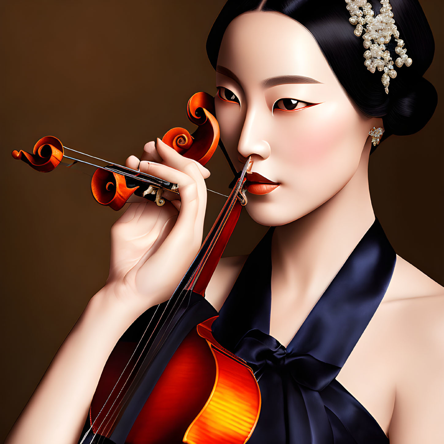 Elegant woman playing violin in black dress with pearl hair accessory
