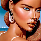 Detailed illustration of woman with blue eyes, tanned skin, glossy lips, and elegant earring against