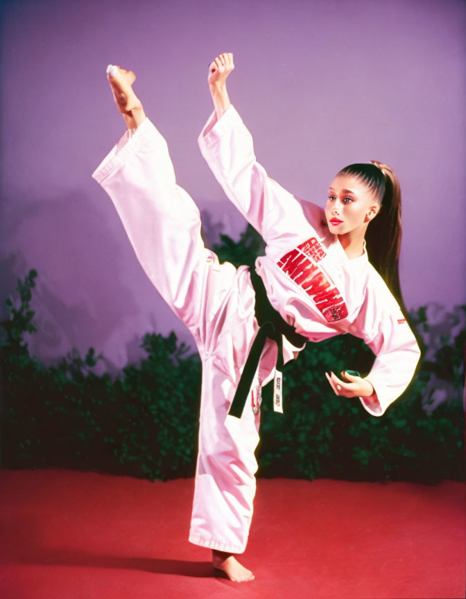 Martial artist in white gi with red lettering executing high kick on purple background