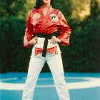 Confident Woman in Red Karate Gi on Martial Arts Mat