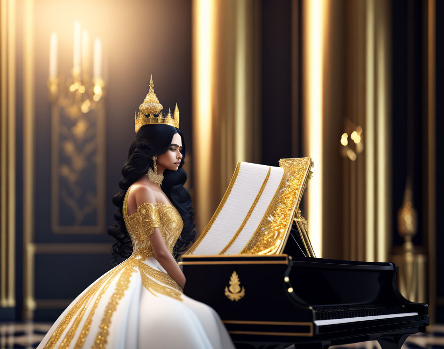 Regal woman in golden gown at grand piano in opulent room