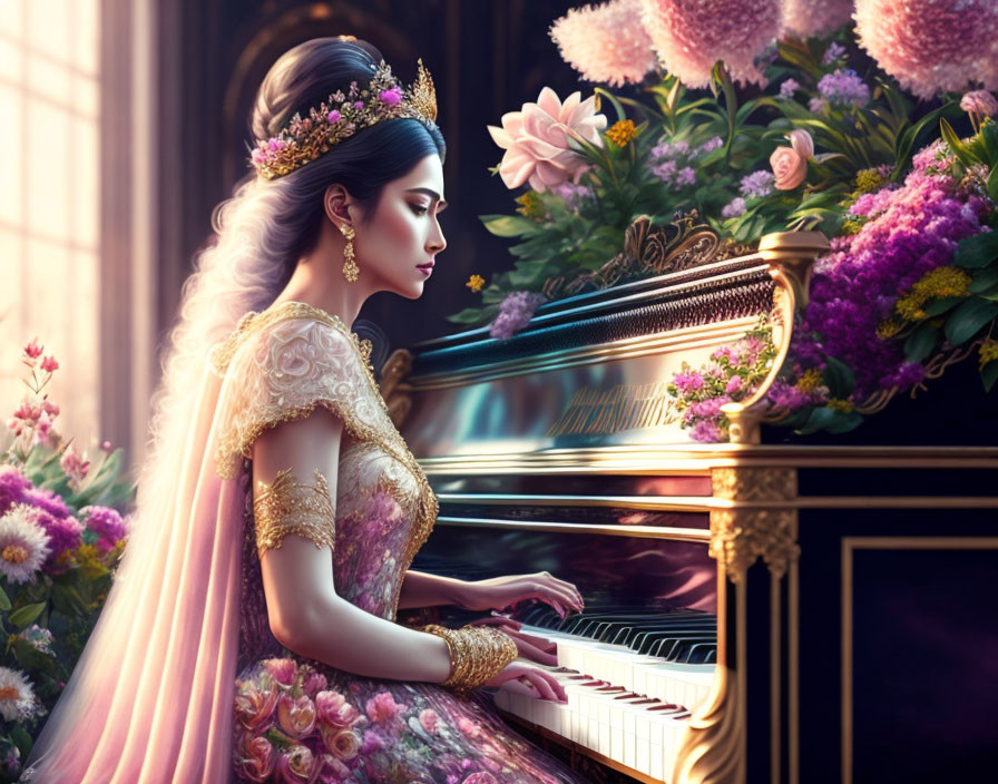 Detailed illustration: elegant woman in gown playing grand piano amidst lush flowers in regal setting