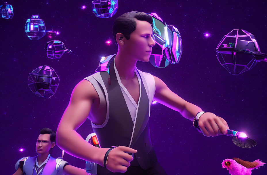 Futuristic 3D illustration of two men with holographic screens in purple setting