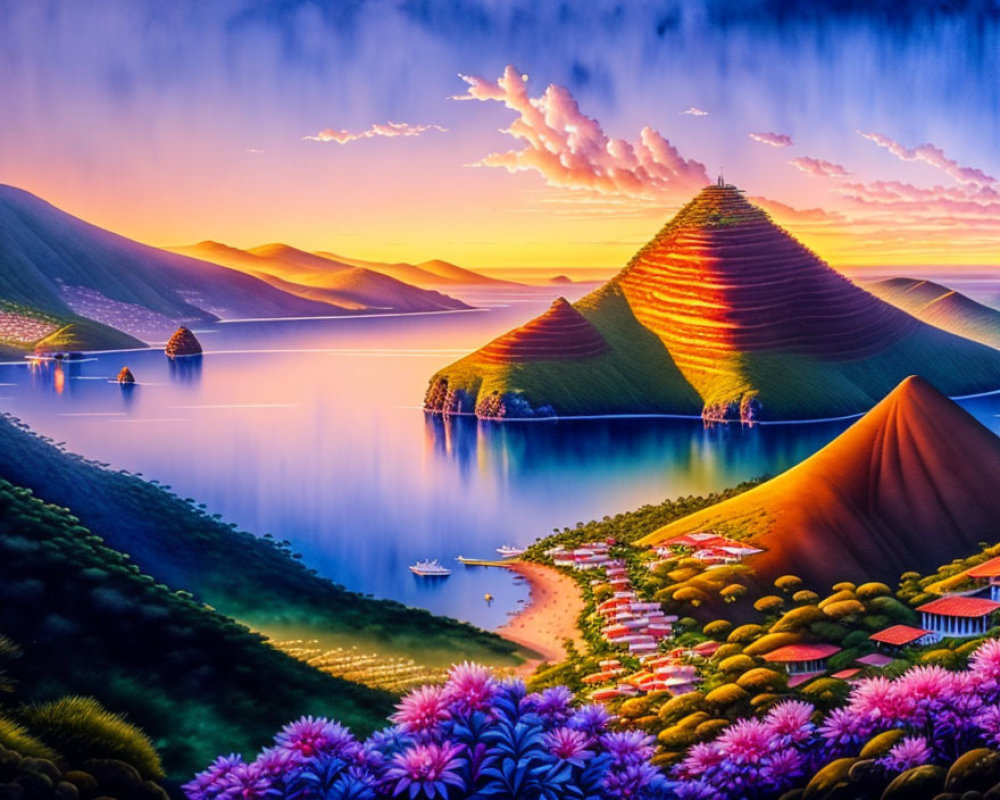 Colorful digital artwork of serene landscape with rolling hills and sunset sky