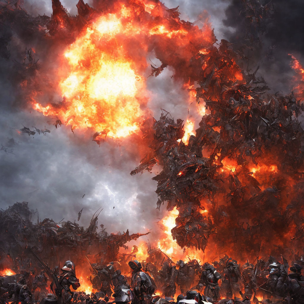 Fiery explosion amidst battle with armored warriors and menacing creatures