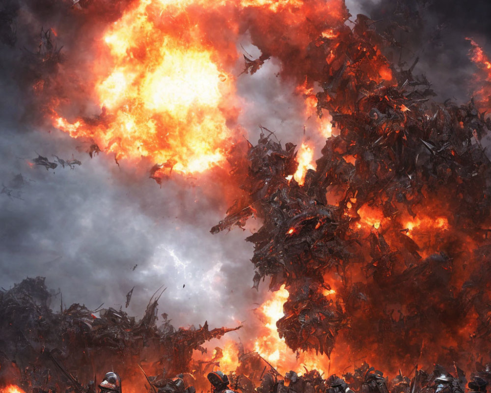 Fiery explosion amidst battle with armored warriors and menacing creatures
