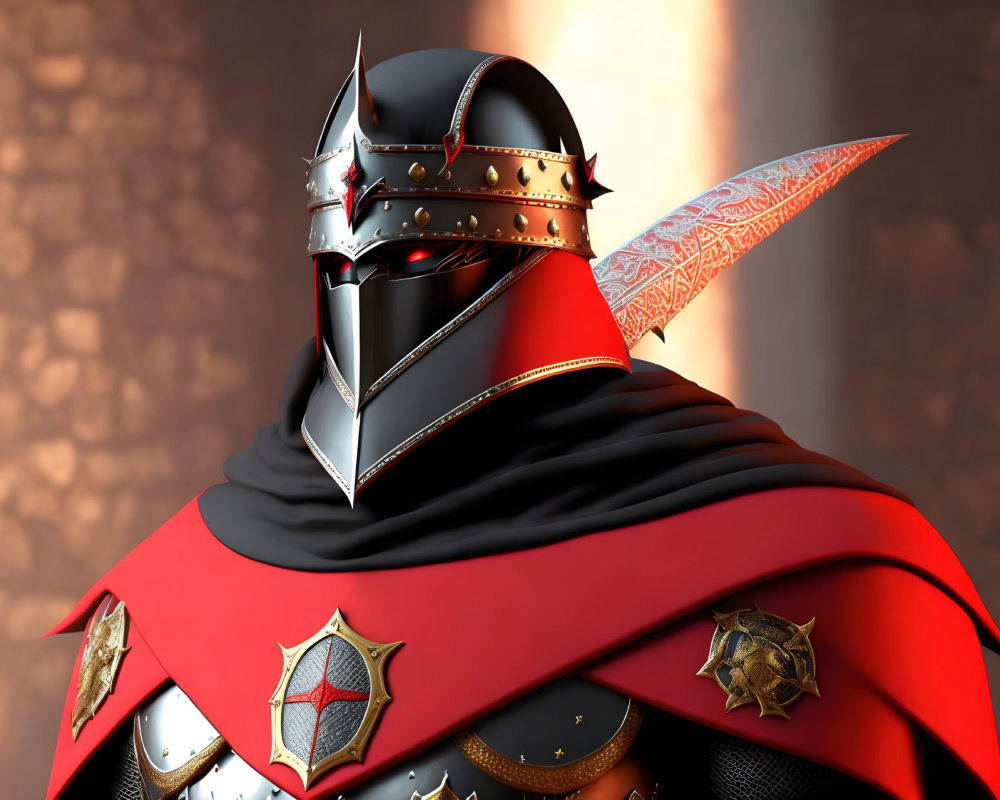 Knight in ornate armor with red cloak and patterned sword on bokeh background