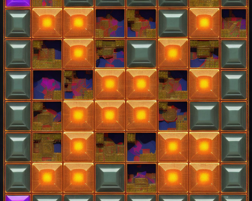 Illuminated orange square buttons on blue metallic borders, some with glowing purple corners, on circuit board
