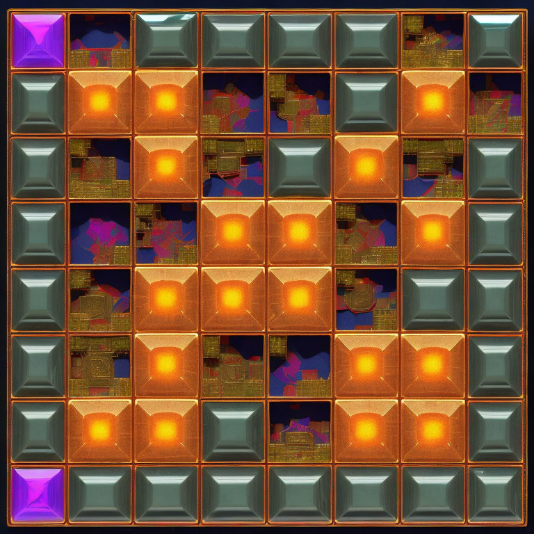 Illuminated orange square buttons on blue metallic borders, some with glowing purple corners, on circuit board