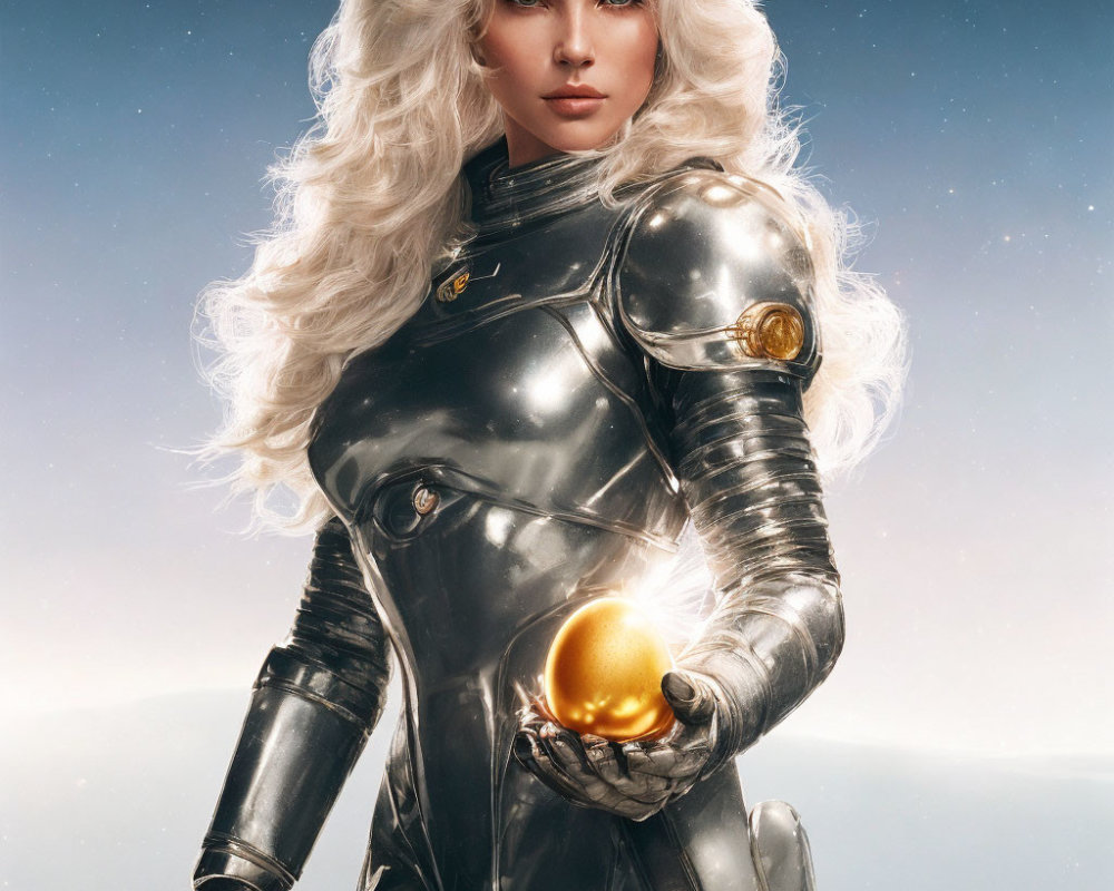 Futuristic female character with white hair in silver armor and glowing orb against sky.