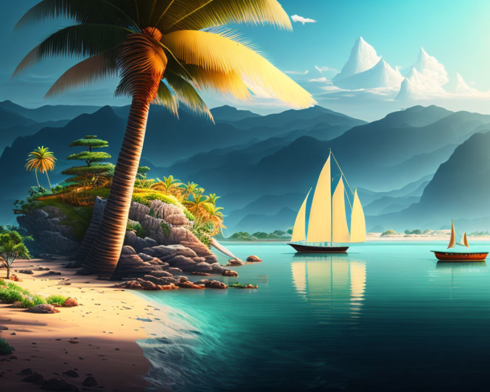 Tropical Beach Scene with Palm Trees, Boats, and Mountains