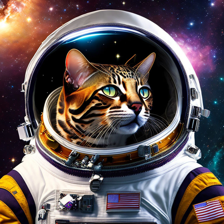 Cat in astronaut suit against starry space backdrop with striking markings