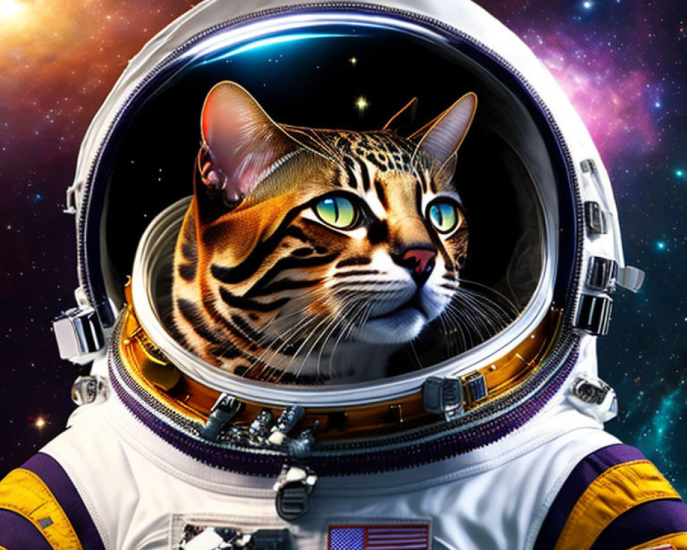 Cat in astronaut suit against starry space backdrop with striking markings